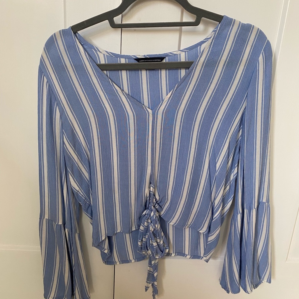 Blue & White Striped Bell Sleeve Front Tie Blouse